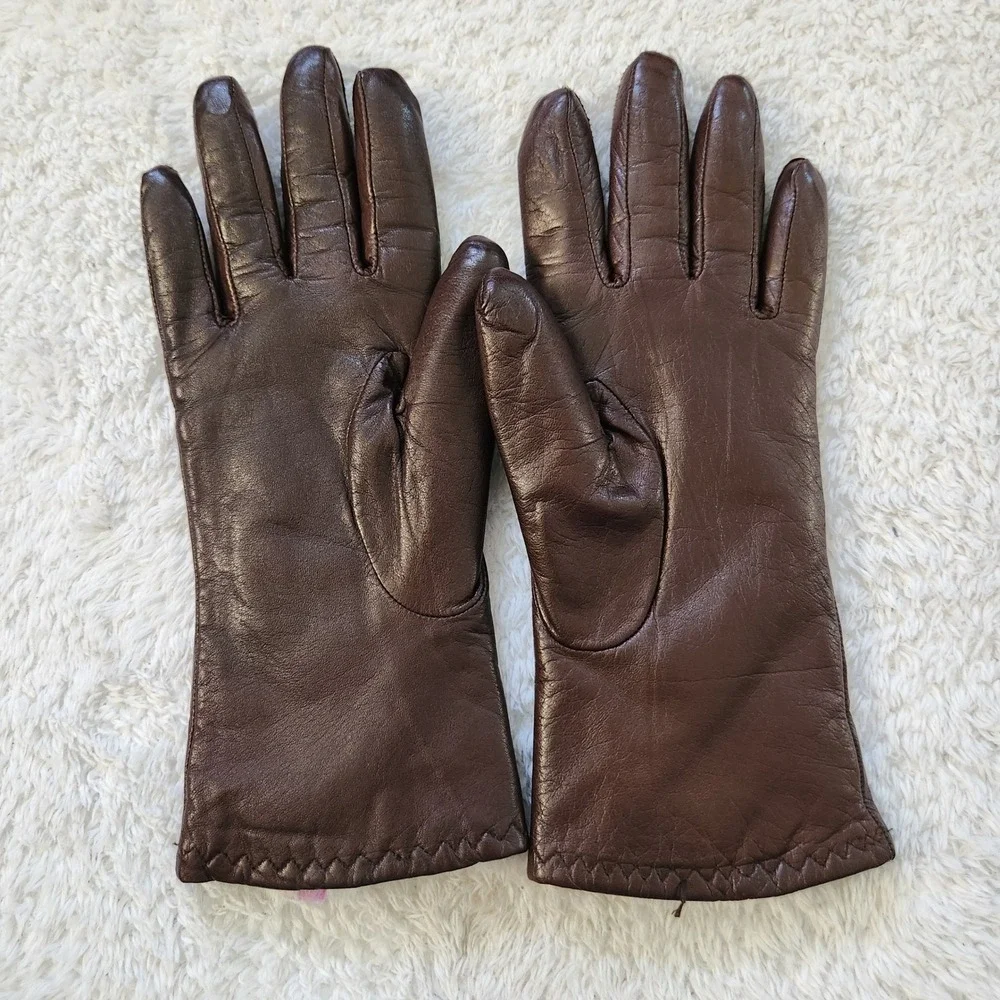 Grandoe Womens Brown Leather Fur Lined Winter Gloves Size Medium M Zigzag Stitch